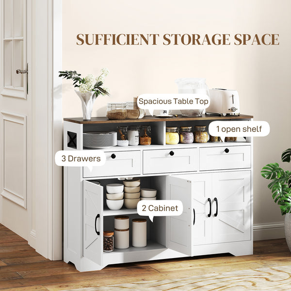 Meuble buffet avec 4 portes, 3 tiroirs avec étagères réglables, blanc