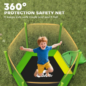 7-foot trampoline with safety net, ladder and slide, green