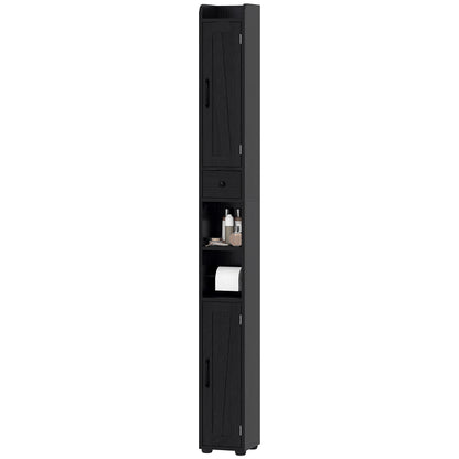 Narrow bathroom vanity with barn doors, drawer and adjustable shelves, black wood look