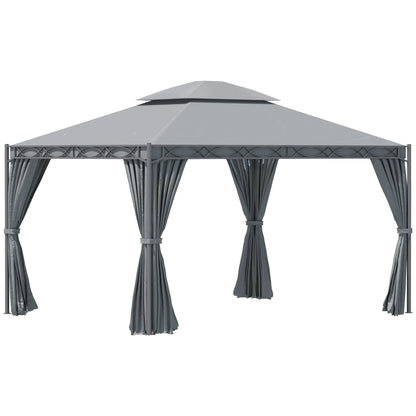 Gazebo 10'x13' couvert à deux niveaux en acier avec rideau, gris