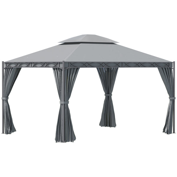 Gazebo 10'x13' couvert à deux niveaux en acier avec rideau, gris