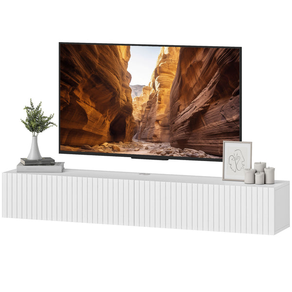 Floating wall-mounted TV unit for TVs up to 72 inches with 2 fluted drop-down doors, white