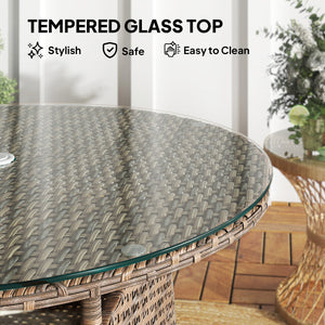 Table de jardin ronde avec trou pour parasol, table basse bistro avec plateau en verre trempé, marron