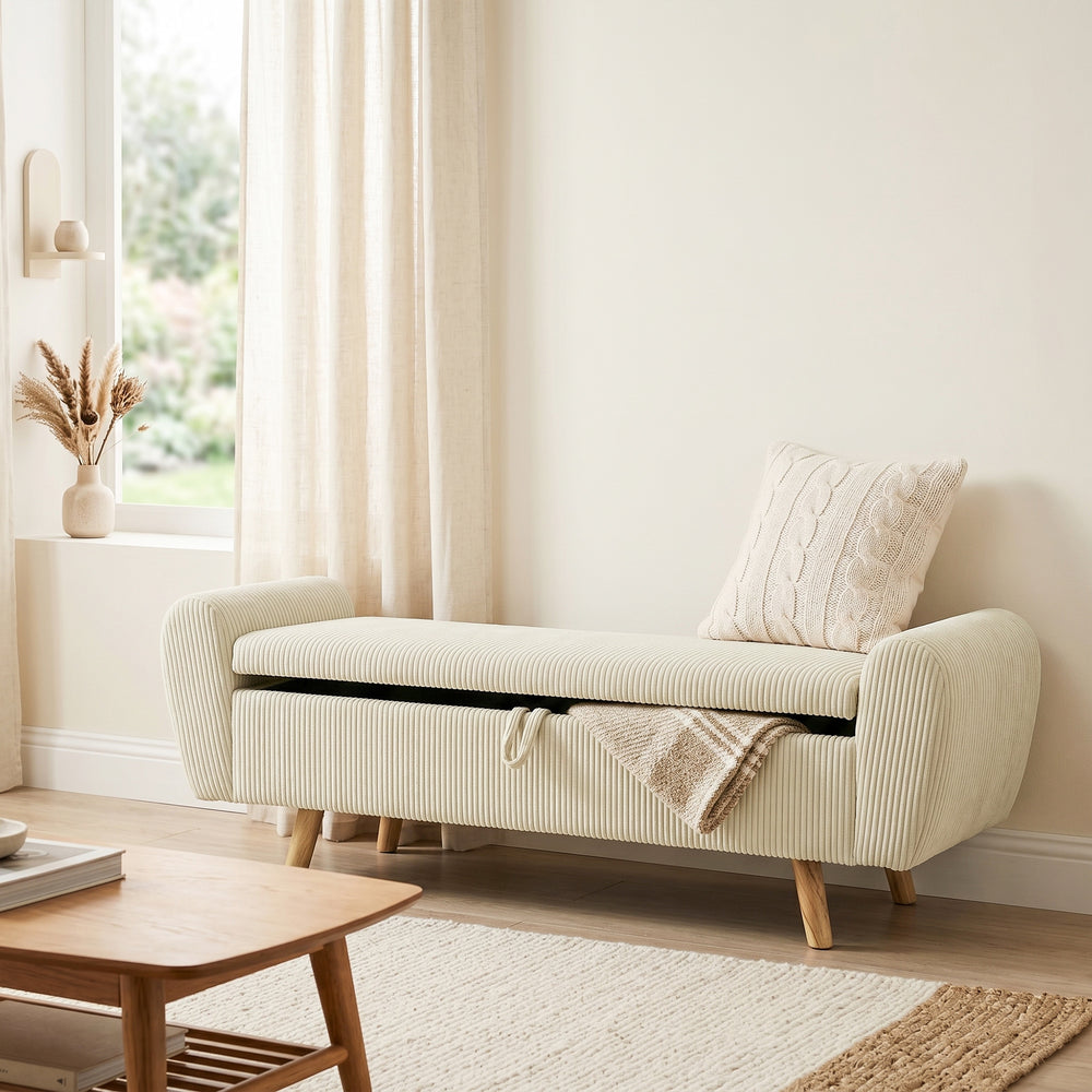 Storage Ottoman, 59" Corduroy End of Bed Storage Bench for King Size Bed with Wooden Legs and Rolled Arms, Beige