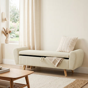 Banc de rangement 59 po en velours côtelé, beige