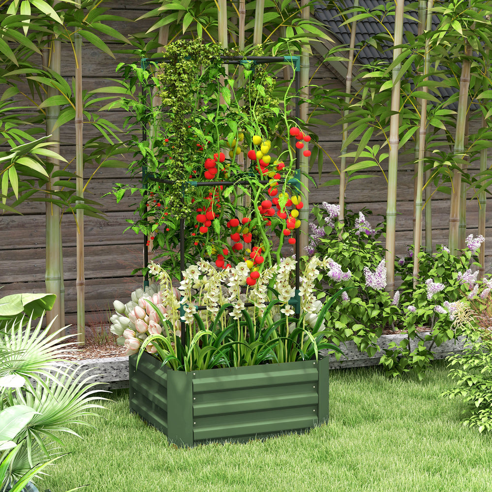 Raised galvanized planter with 3-tier trellis, green