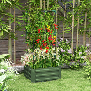 Raised galvanized planter with 3-tier trellis, green