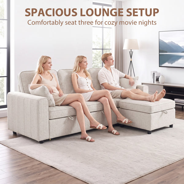Canapé-lit d'angle modulable avec pouf de rangement réversible avec coussin à ressorts, beige