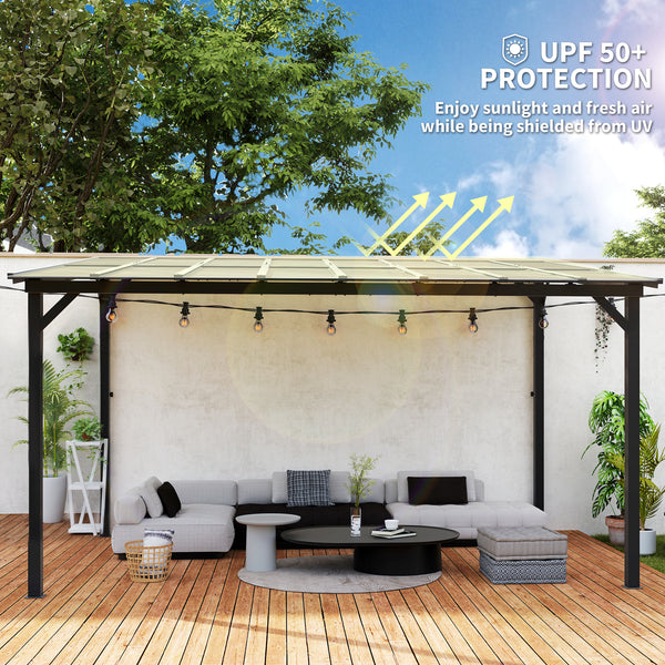 Pergola 10' x 14' à toit rigide, fixée au mur ou autoportante, avec toit en polycarbonate imperméable et indice de protection UPF 50+