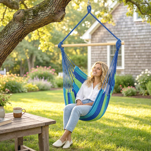 Hammock Chair Swing Hanging Macrame Chair w/ Two Soft Seat Cushions, Blue and Green