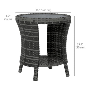 18" Wicker Outdoor Coffee Table, PE Rattan Patio Side Table with 2-Tier Storage, Composite Wood Top, Grey