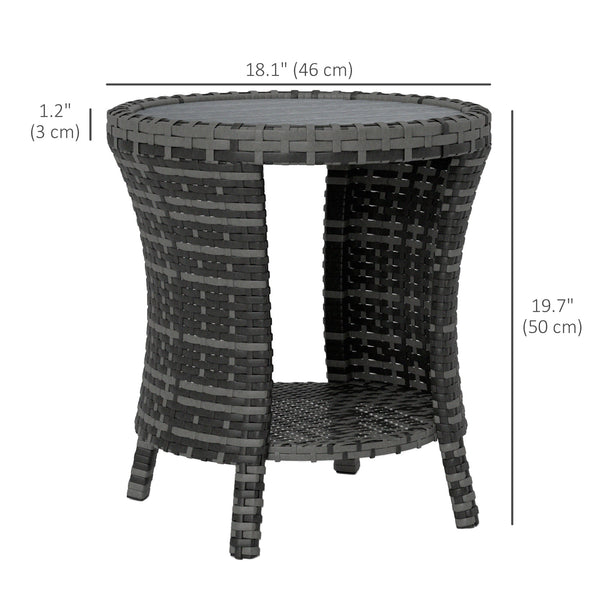 18" Wicker Outdoor Coffee Table, PE Rattan Patio Side Table with 2-Tier Storage, Composite Wood Top, Grey