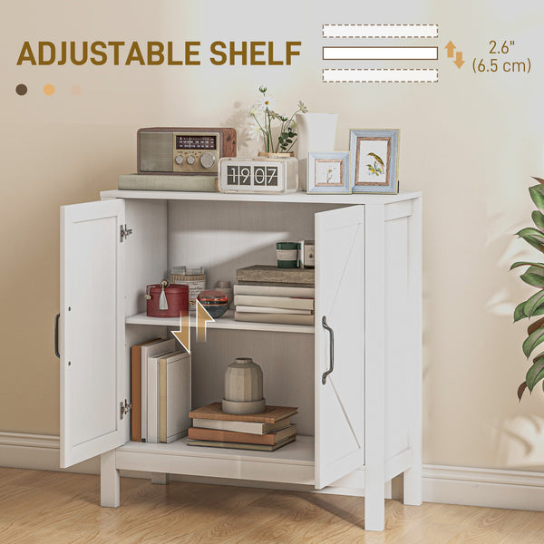 Buffet de cuisine avec porte coulissante de style grange et étagères réglables, aspect bois blanc.