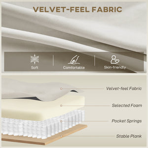 Canapé 3 places, revêtement en velours, coussins à ressorts, pieds en bois d'hévéa et 2 coussins, blanc crème