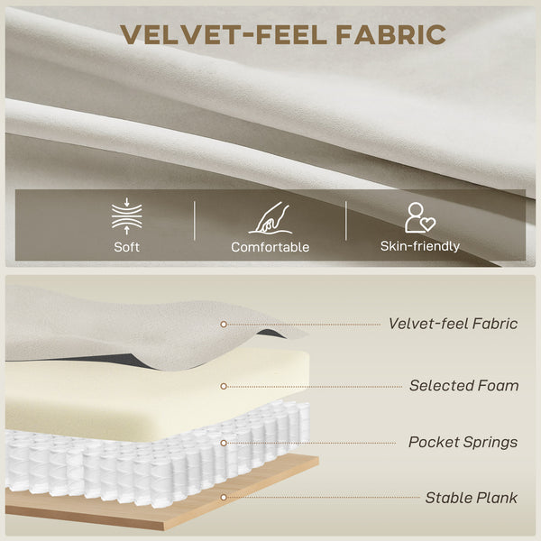 Canapé 3 places, revêtement en velours, coussins à ressorts, pieds en bois d'hévéa et 2 coussins, blanc crème