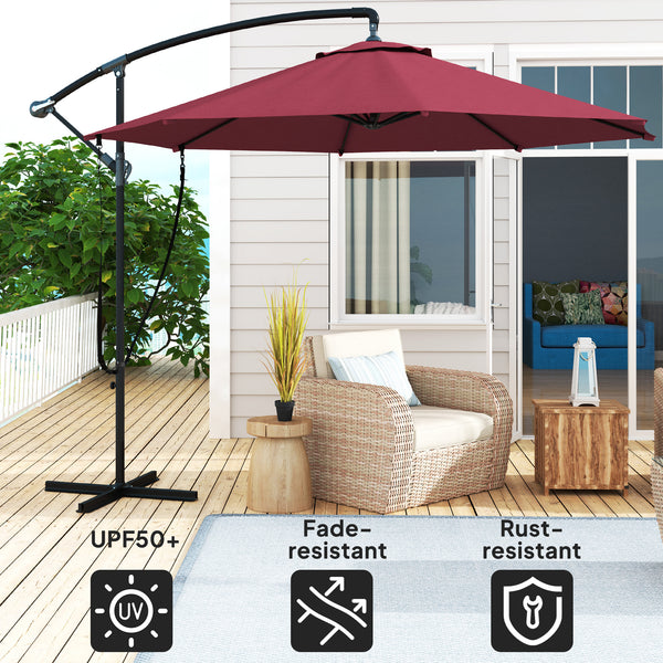 Parasol déporté de 9,5 pieds avec sangle de protection contre le vent et housse, rouge
