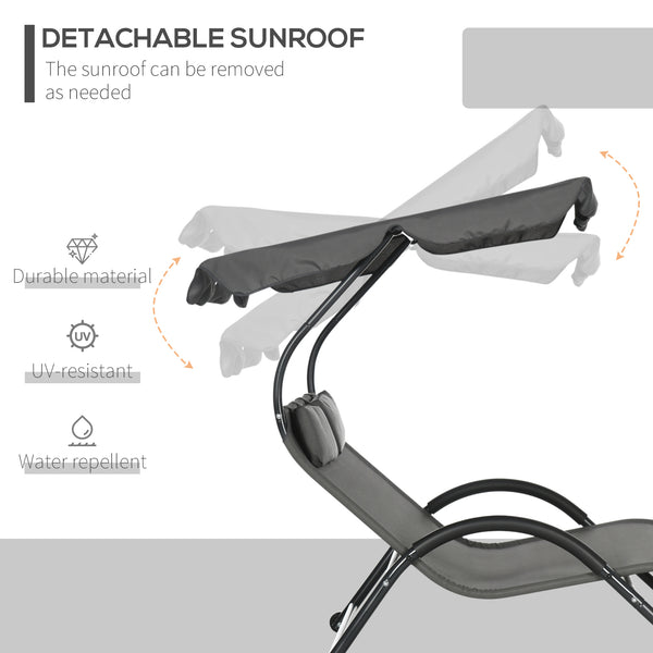 Outdoor Patio Chaise Lounge Chair, Patio Sun Lounger w/ Sunshade Roof, for Two People with Wheels and Breathable Sling Mesh Bed, Pillows, Dark Gray