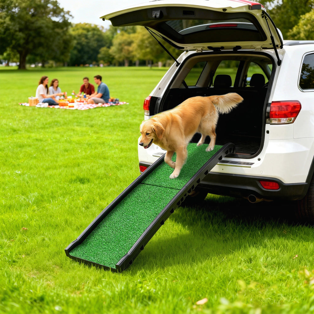 61 Inches Folding Pet Ramp with Grass Surface, Raised Side Rails, for Cars, SUVs