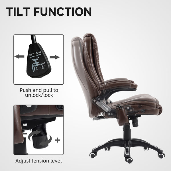 Fauteuil de bureau inclinable et massant avec dossier haut et roulettes pivotantes, marron foncé