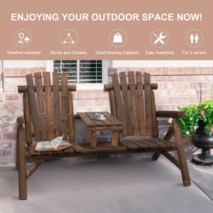 Wood Adirondack Patio Chair Bench with Center Coffee Table, for Lounging and Relaxing Outdoors Carbonized