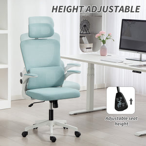 High-back mesh office chair with swivel headrest, light blue