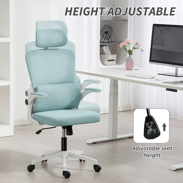 High-back mesh office chair with swivel headrest, light blue