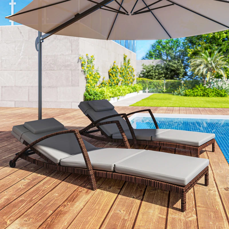 Lot de 2 chaises longues d'extérieur en osier avec dossier réglable sur 5 niveaux, roulettes, coussin et accoudoirs, gris