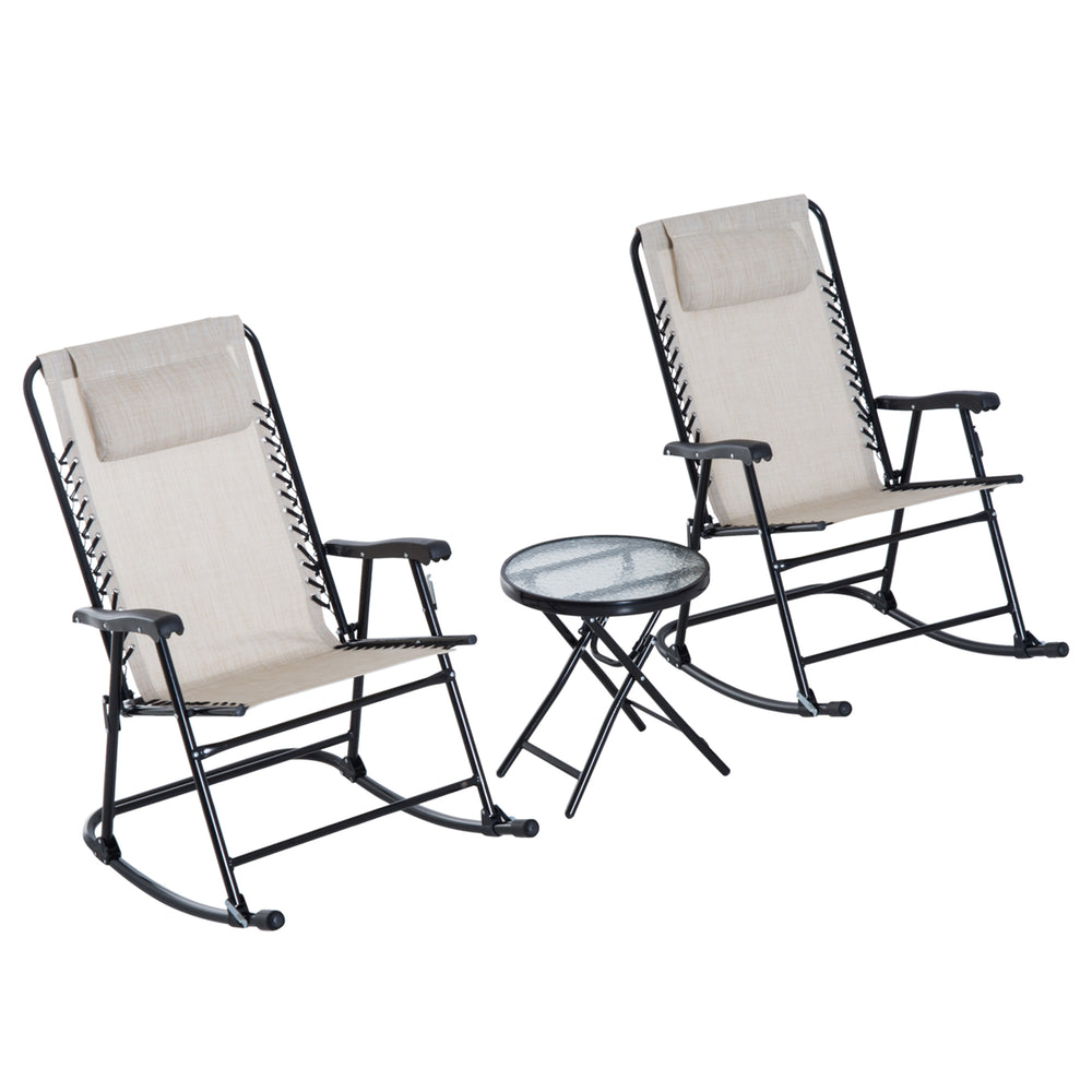 3pc Patio Rocking Chair Set, Folding Outdoor Rocking Chairs and Table Bistro Set w/ Breathable Mesh Seat & Backrest, Headrest for Park, Backyard, Garden, Cream White