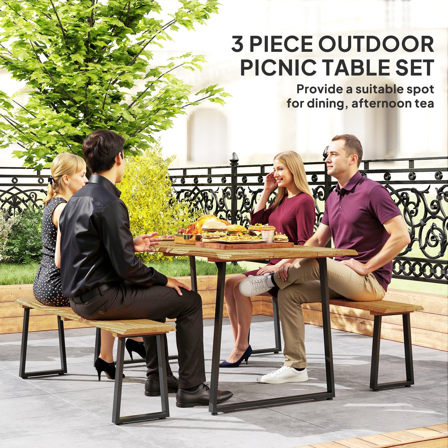 Ensemble table et banc de pique-nique pour 6 personnes avec trou pour parasol de 5 cm, plateau à lattes et structure en acier