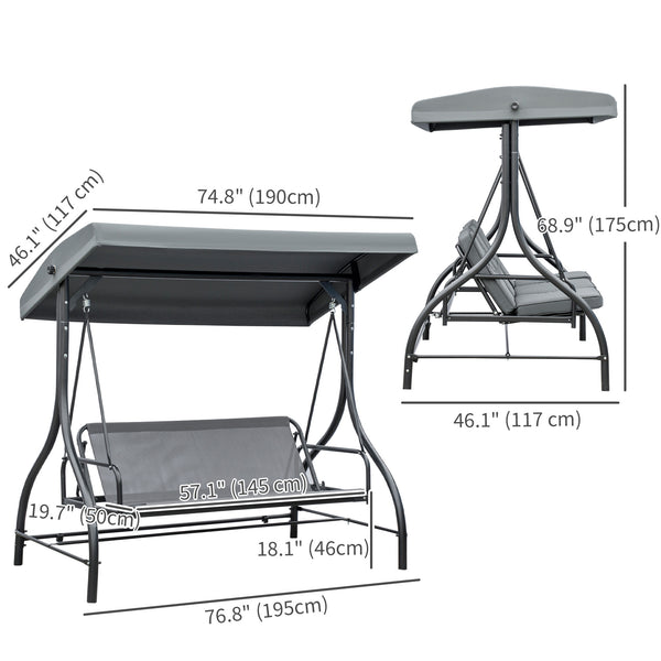 Balancelle convertible avec auvent et coussins 3 places, gris foncé