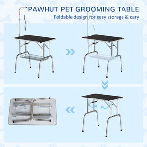 Stainless steel dog grooming table with adjustable arm and basket