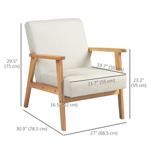 Fauteuil d'appoint rétro en tissu avec accoudoirs en bois, blanc crème