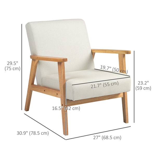 Fauteuil d'appoint rétro en tissu avec accoudoirs en bois, blanc crème