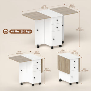 Table pliante mobile sur roulettes avec tiroirs et placard, blanc et chêne