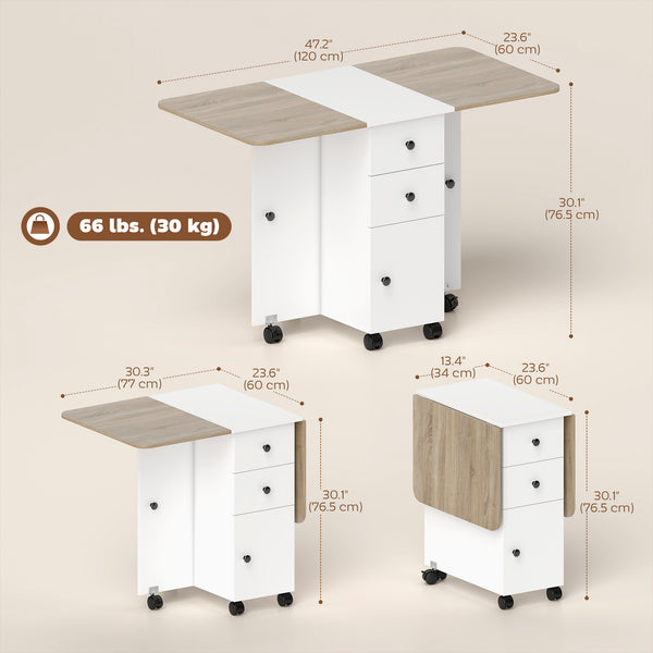 Table pliante mobile sur roulettes avec tiroirs et placard, blanc et chêne