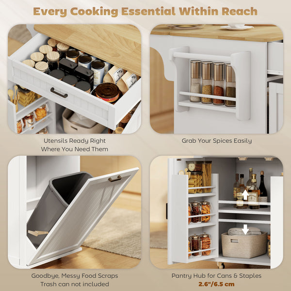 Portable kitchen island with charging station, fold-down rubberwood tabletop, waste storage, white