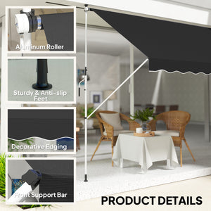 10x5ft Patio Sun Shade Canopy, Manual Retractable Awning with 5.6-9.2ft Support Pole for Window, Door, Porch, Black