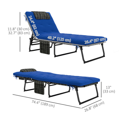Lot de 2 chaises longues pliantes avec dossier inclinable à 4 niveaux, chaise longue d'extérieur avec coussin, tissu en maille respirante, poche latérale, appui-tête, bleu
