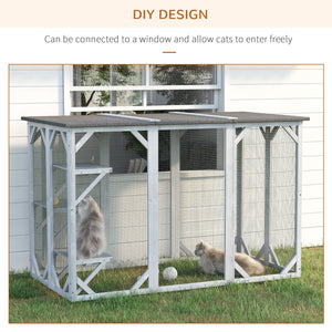 Wooden Cat Cage with Waterproof Roof, Multi-Level Platforms, Lockable, Grey