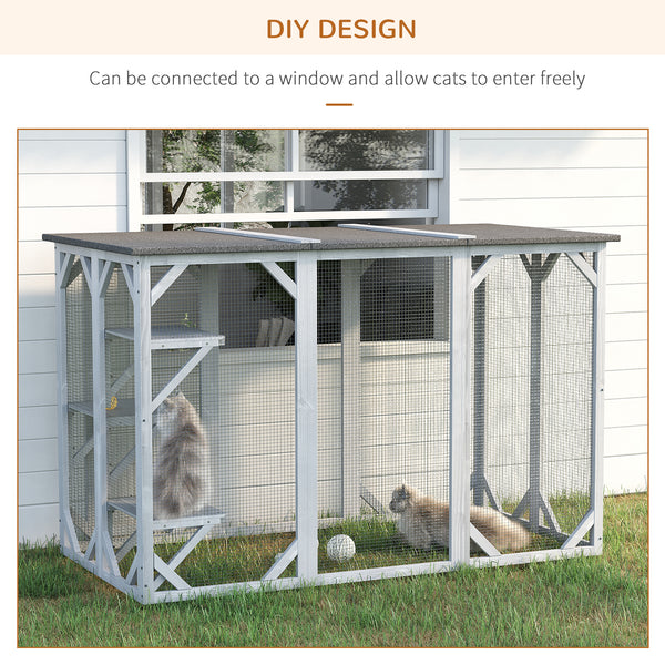 Wooden Cat Cage with Waterproof Roof, Multi-Level Platforms, Lockable, Grey