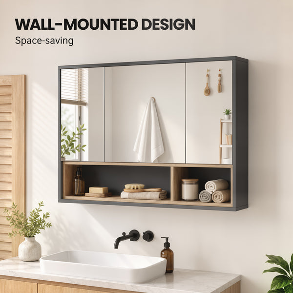 Armoire murale de salle de bain avec miroir et 8 compartiments de rangement, gris