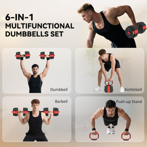 Ensemble d’haltères ajustables 6 en 1 de 55 lb avec barre, kettlebell et supports à pompes