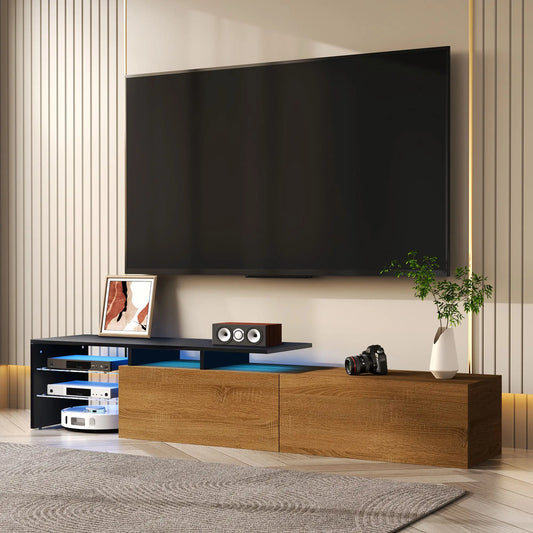 Meuble TV moderne avec étagères en verre et éclairage LED, noir et naturel