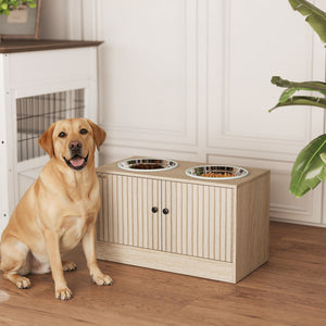 Raised Dog Bowls with Storage, Oak