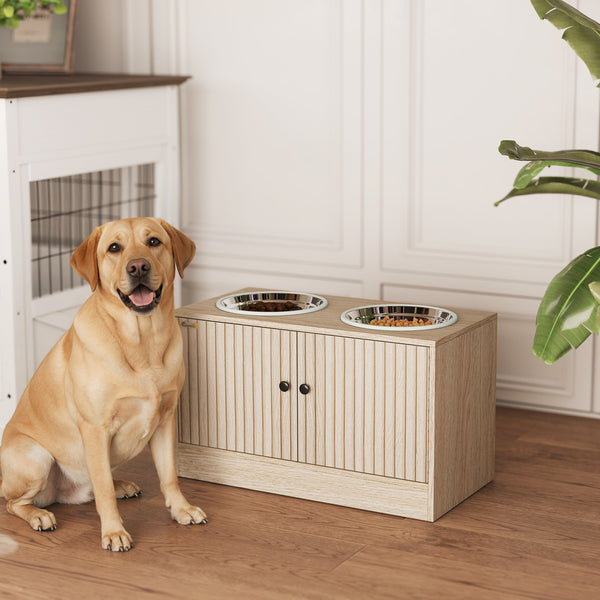 Raised Dog Bowls with Storage, Oak