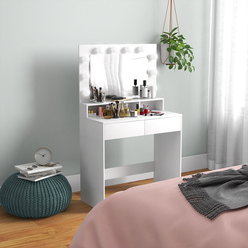 Coiffeuse avec miroir à éclairage LED et tiroirs, blanche