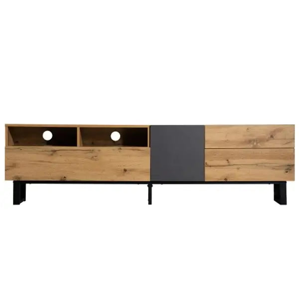 Meuble TV avec pieds en métal en U, 3 portes et 2 compartiments, assemblage facile, noir et naturel