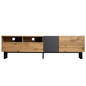 Meuble TV avec pieds en métal en U, 3 portes et 2 compartiments, assemblage facile, noir et naturel