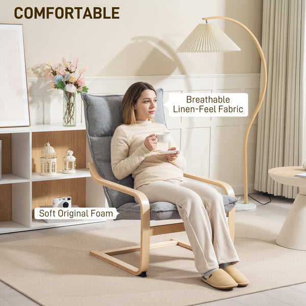 Fauteuil moderne rembourré avec pieds et accoudoirs incurvés, gris clair