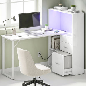 Bureau d'ordinateur 54" avec tiroirs et rangement, prises électriques et éclairage LED, blanc